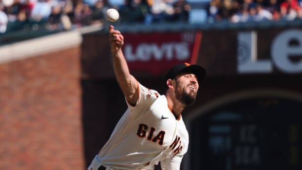 SF Giants starting pitcher Tristan Beck pitches the ball against the Atlanta Braves during the first inning at Oracle Park on August 27, 2023.